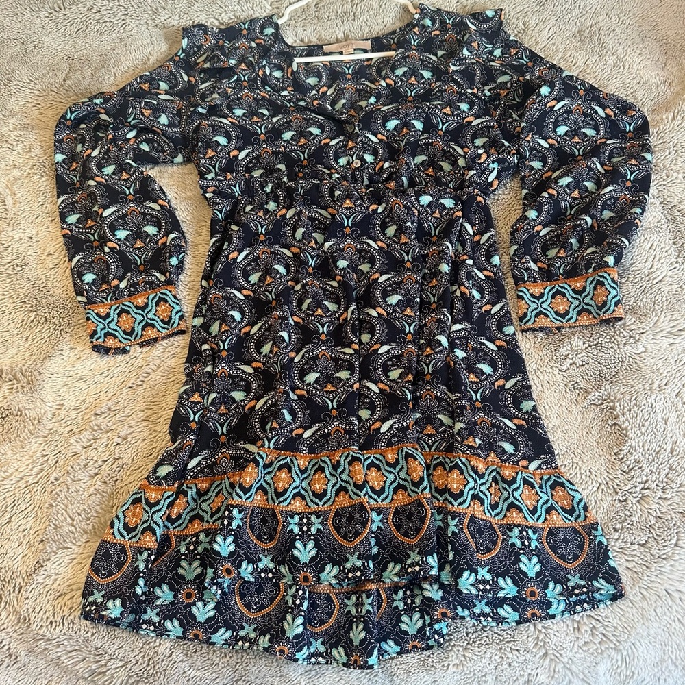 LOFT Women's Long Sleeve Dress with Blue and Orange Pattern